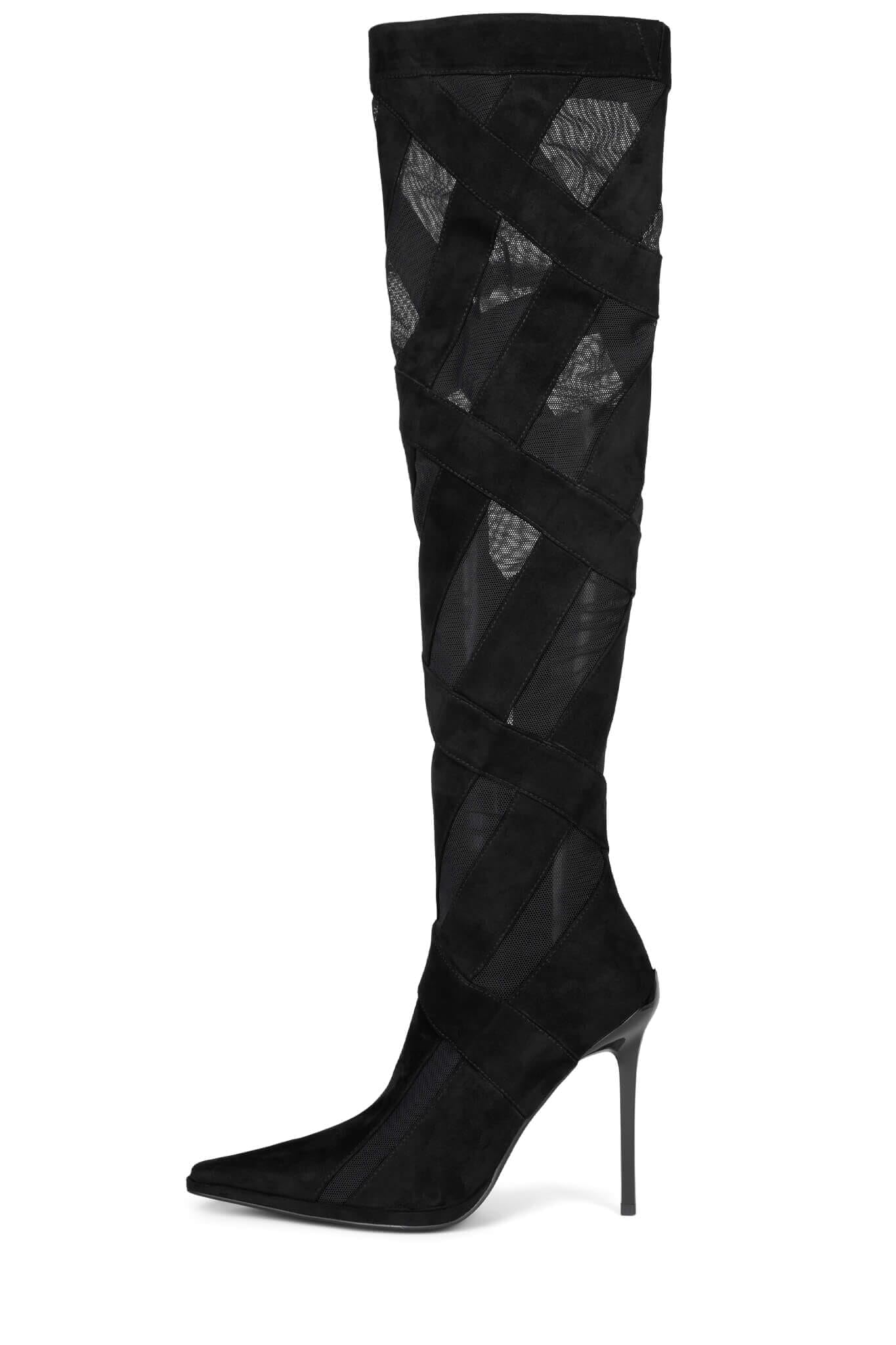 Stripe Pointed Toe Knee High Boot Black Suede 10