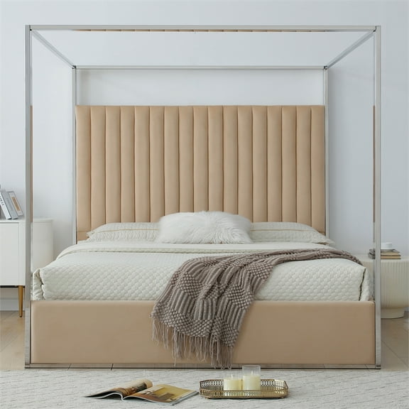 Jeffrey Canopy Velvet Upholstered King Bed Frame In Camel