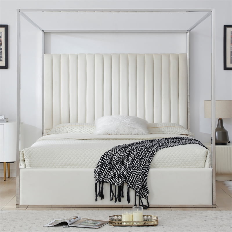 Jeffrey Canopy Velvet Upholstered King Bed Frame In Cream