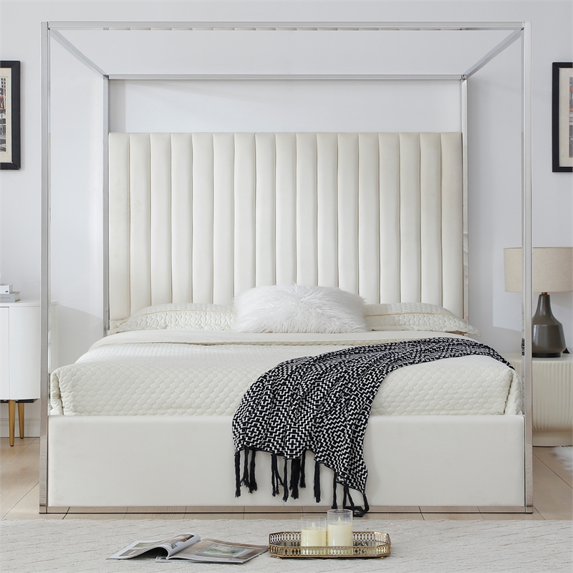 Jeffrey Canopy Velvet Upholstered King Bed Frame In Cream