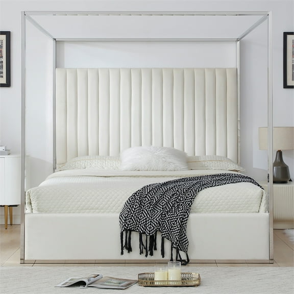 Jeffrey Canopy Velvet Upholstered King Bed Frame In Cream