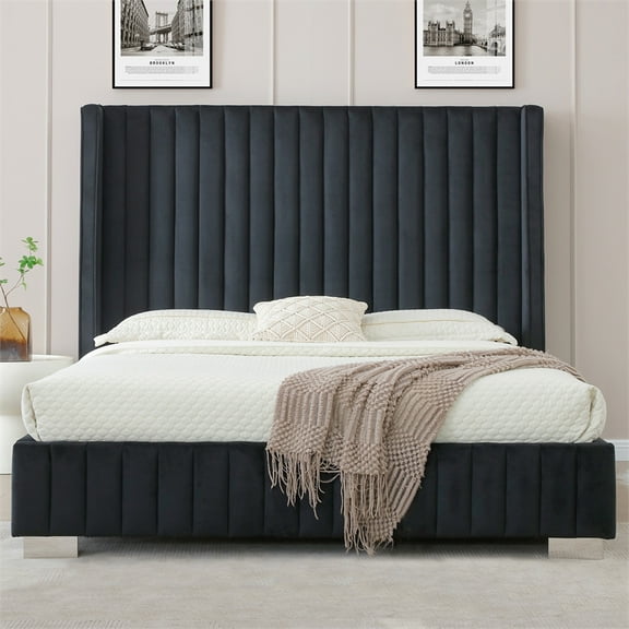 Jeffrey King Size Velvet Upholstered Bed Frame in Black