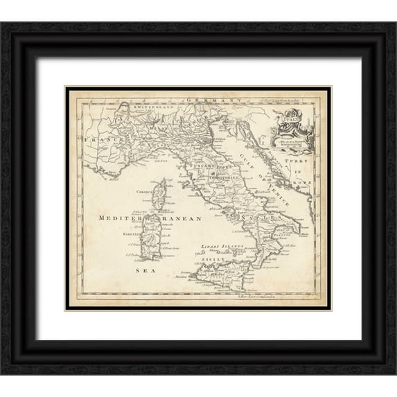 Jeffreys, T. 23x20 Black Ornate Wood Framed with Double Matting Museum Art Print Titled - Map of Italy