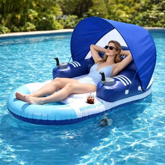 Jefuzh Motorized Pool Float with Canopy, Rechargeable Electric Inflatable Float with Cup Holder, Remote Control Pool Lounge for Adults