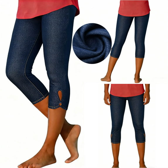 Jeggings Capris for Women Stretchy Slim Fit Workout Yoga Capri Leggings High Waisted Tummy Control Cropped Pants with Side Slit Dark Blue Pant,Size S-3XL