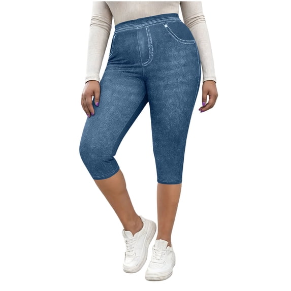 Jeggings for Women Plus Size Capri Pull on Imitation Jean Pants High Waisted Leggings Blue