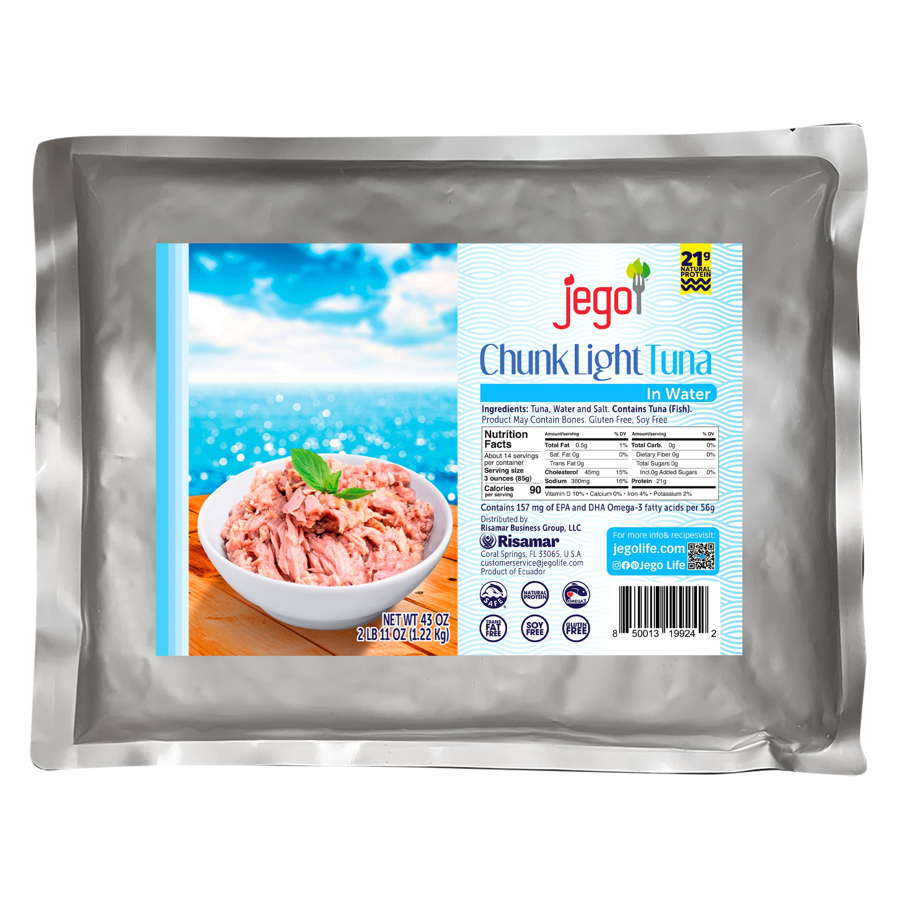 Jego Chunk Light Tuna in Water | Wild Natural Catch Tuna | Keto | Low Carb | Gluten Free | Soy Free | Ready to eat | 43oz Pouch