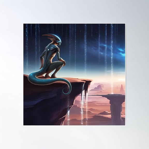 Jegulus Futuristic, Alien-Like Figure Crouched On The Edge Of A High Cliff, Overlooking A Surreal, Otherworldly Landscape Poster Wall Art, Modern Wall Decor For Living Room Bedroom, 24x24 UNFRAMED