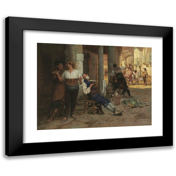 Jehan Georges Vibert 14x12 Black Modern Framed Museum Art Print Titled - Ambulant Barber, Spain (1868)