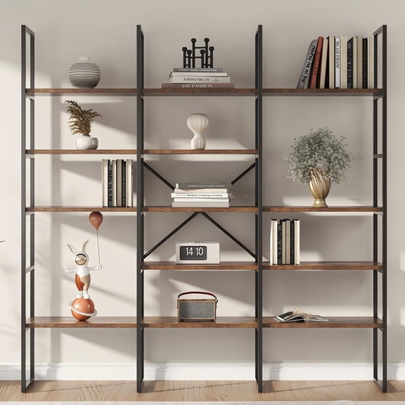 Jehiatek Large Bookshelf 5 Tiers, Triple Wide Geometric Bookcase, 71 Inches Tall Industrial Book Shelves Etagere Book Case, Sturdy Metal Frame, Freestanding Display Shelving Unit, Rustic Brown