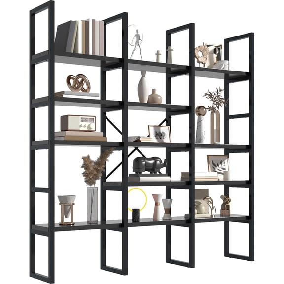 Jehiatek Large Bookshelf 5 Tiers, Triple Wide Geometric Bookcase, 71 Inches Tall Industrial Book Shelves Etagere Book Case, Sturdy Metal Frame, Freestanding Display Shelving Unit, Black
