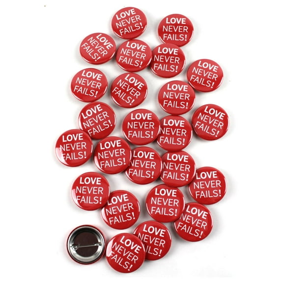 Jehovah's Witnesses Convention Red Love Never Fails JW.org Pinback Buttons - 1.5 Inch Round - 25 Pack