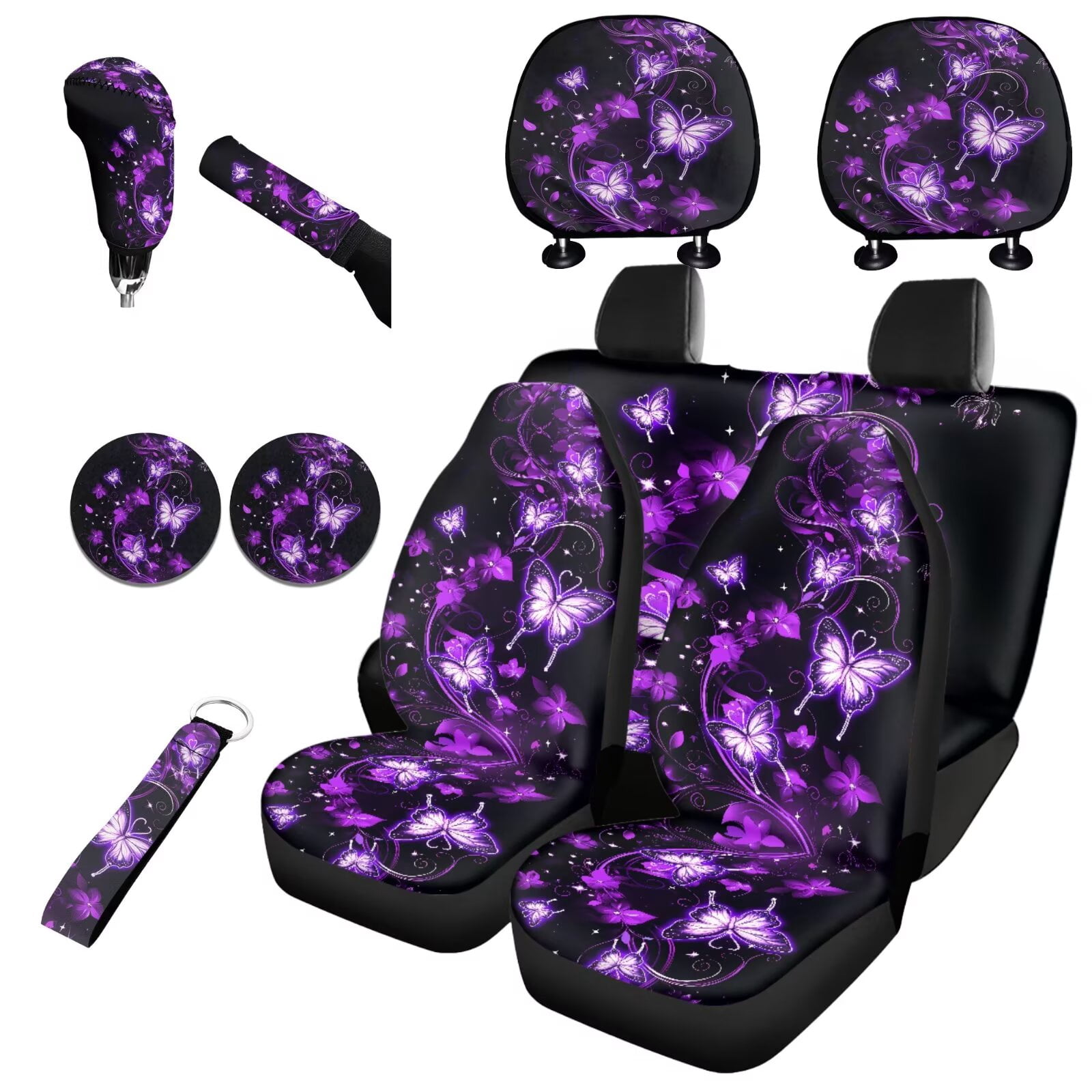 Jeiento 11 Pack Car Seat Covers Full Set for Women Men, Auto Interior Accessories with Keychain Coasters Gear Shift Cover Handbrake Cover Headrest Cover, Purple Butterfly Pattern