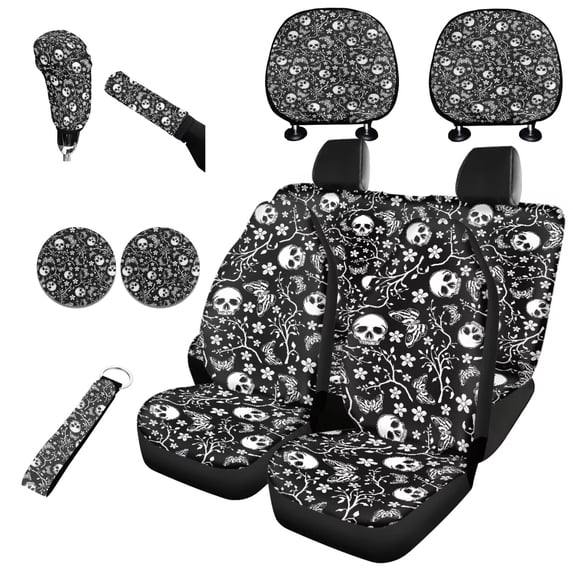 Jeiento 11 Pack Car Seat Covers Set for Women Men, with Headrest Covers Keychain Coasters Gear Shift Knob Cover Handbrake Cover Universal Fit for SUV Truck Van, Black Skull Print
