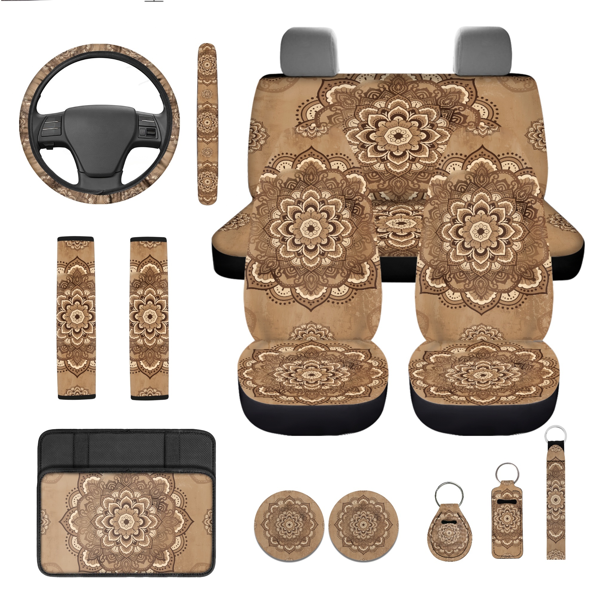 Jeiento 13 PCS Car Seat Cover Full Set, with Steering Wheel Cover Seat Belt Strap Cover Armrest Cushion Cup Coaster Keychain Lipstick Holder Auto Decor, Vintage Boho Mandala Print