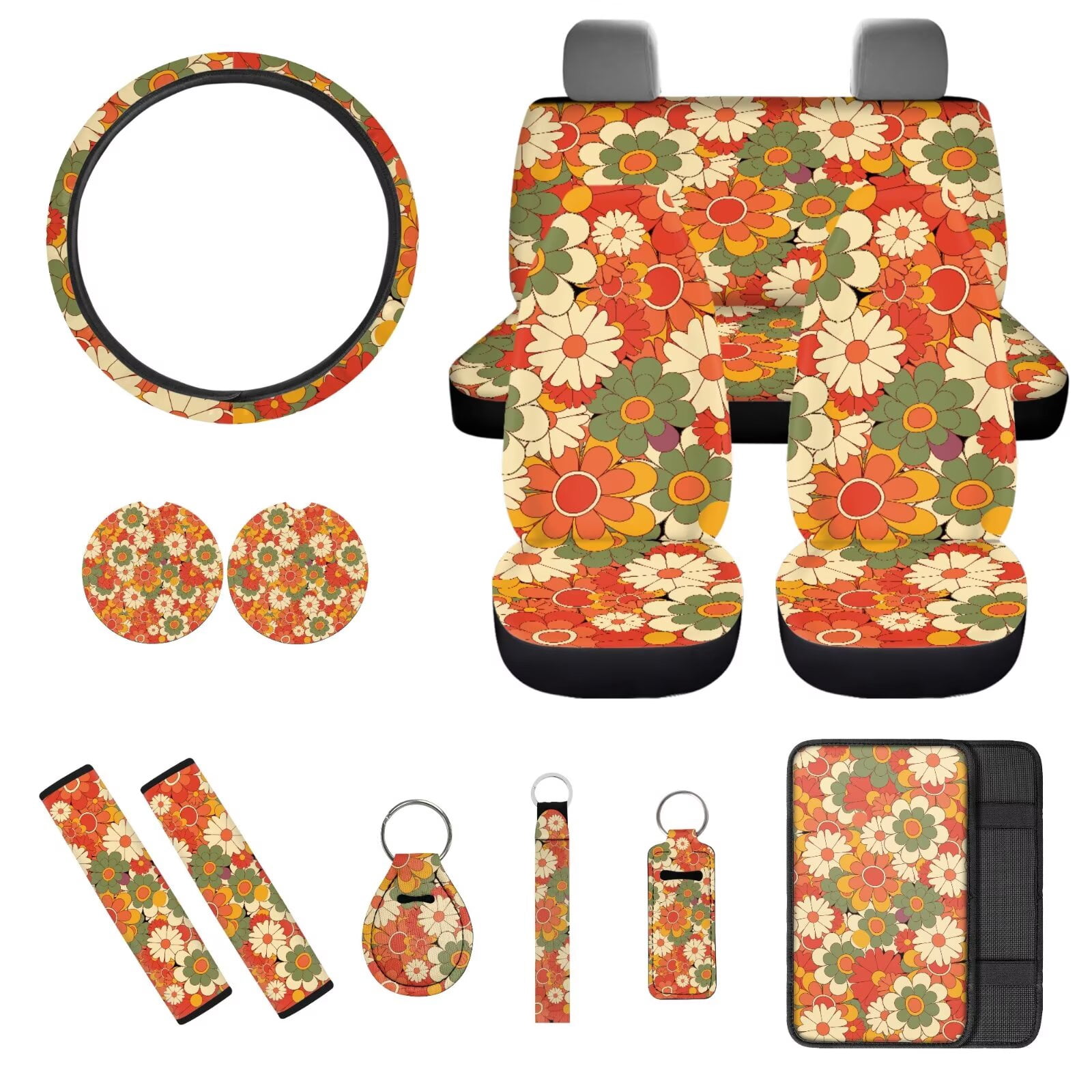 Jeiento 13 PCS Car Seat Cover Set with Steering Wheel Cover Seat Belt Strap Cover Armrest Cover Coaster Keychain Abstract Hippie Flower Automobile Interior Sets Decor Easy to Install