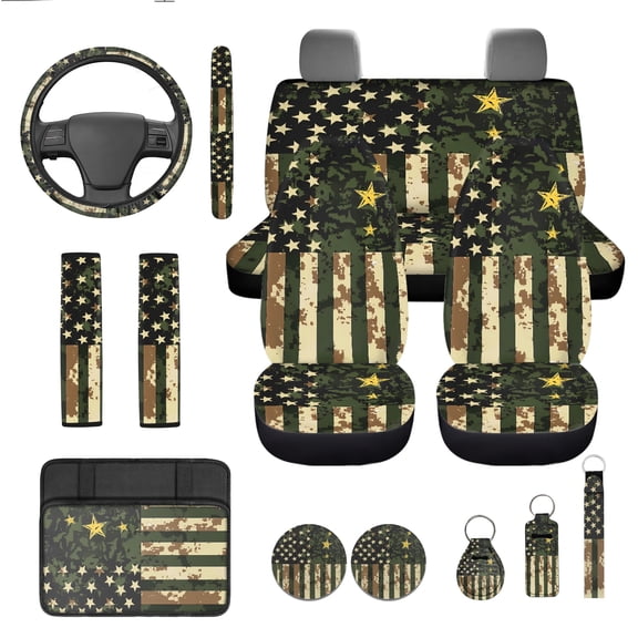 Jeiento 13 PCS Car Seat Covers Set with American Military Flag Steering Wheel Cover Seat Belt Pads Armrest Cover Coasters Keychain for SUV Van Truck Auto Interior Accessories