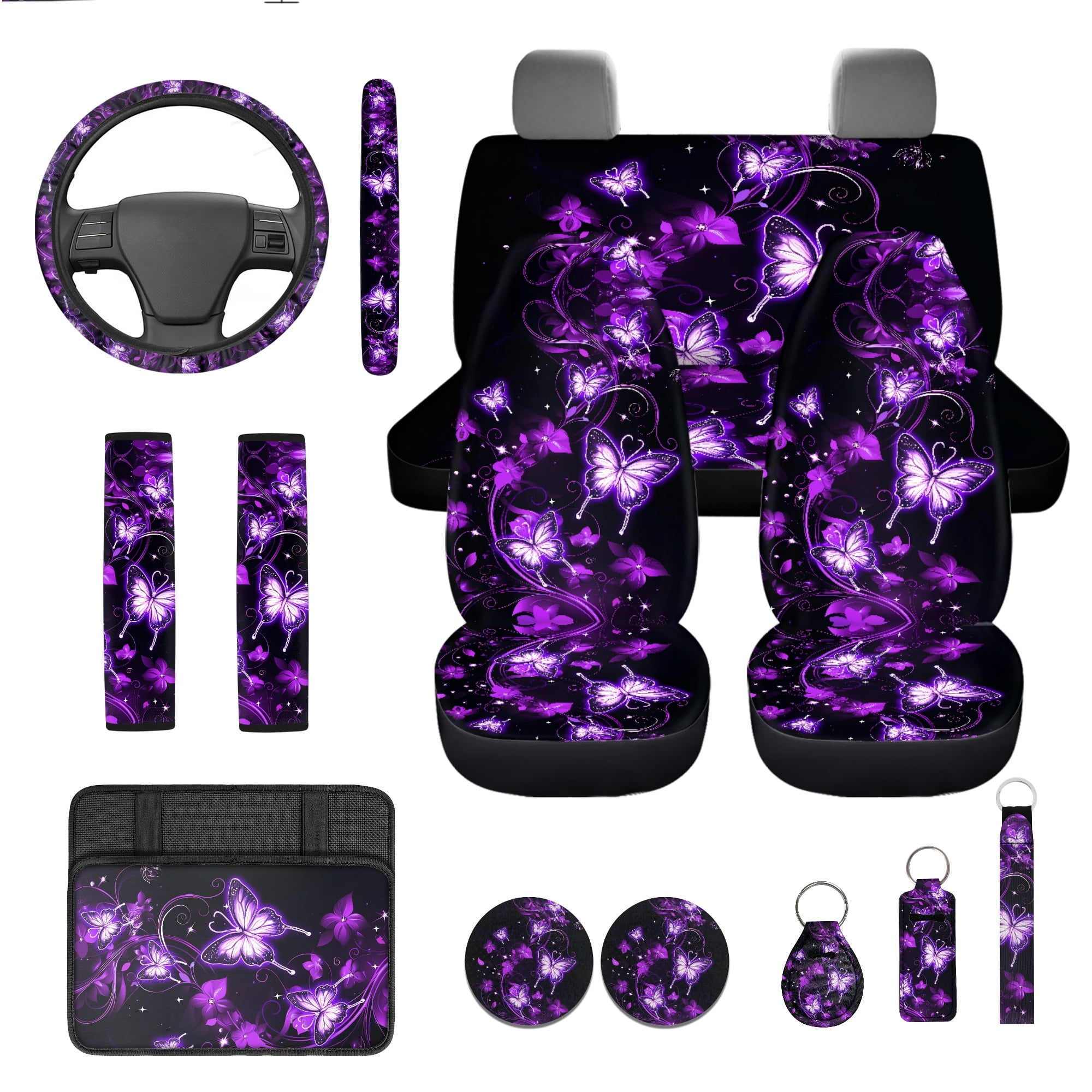 Jeiento 13 Pack Butterfly Car Seat Cover Set for Front and Rear, Auto Interior Accessories Full Set for Women Men Purple Car Seat Protective Universal Fits for Cars, SUV, Truck, Sedan, Van