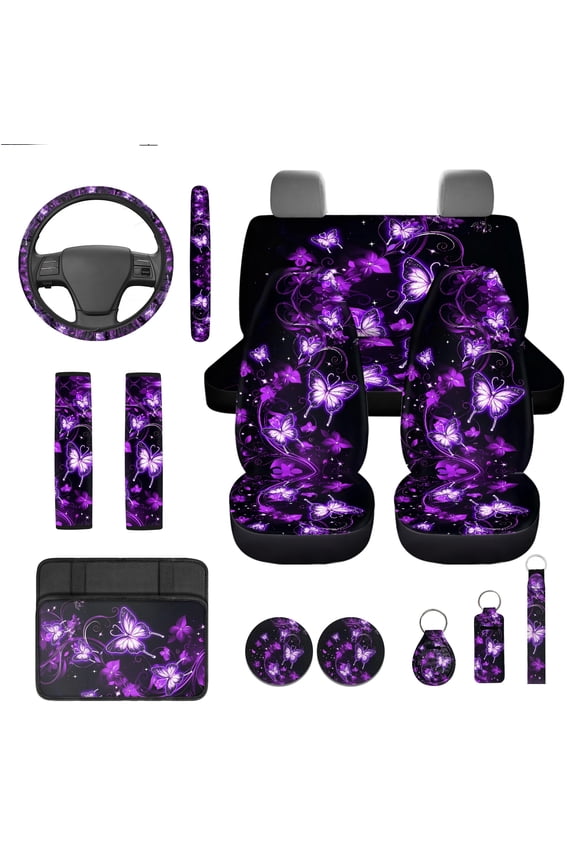 13 Pack Butterfly Car Seat Cover Set for Front and Rear, Auto Interior Accessories Full Set for Women Men Purple Car Seat Protective Universal Fits for Cars, SUV, Truck, Sedan, Van