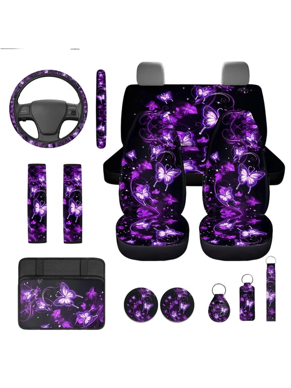 13 Pack Butterfly Car Seat Cover Set for Front and Rear, Auto Interior Accessories Full Set for Women Men Purple Car Seat Protective Universal Fits for Cars, SUV, Truck, Sedan, Van