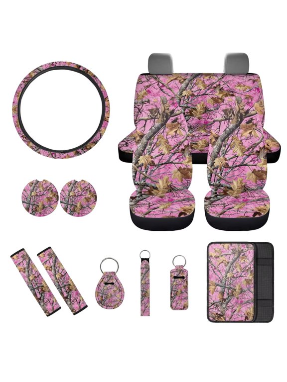 13 Pack Car Seat Cover Set for Front and Rear, Auto Interior Accessories Full Set for Women Men Car Seat Protective Covers Universal Fits for Most Vehicles, Pink Camo Oak Hunting Wood