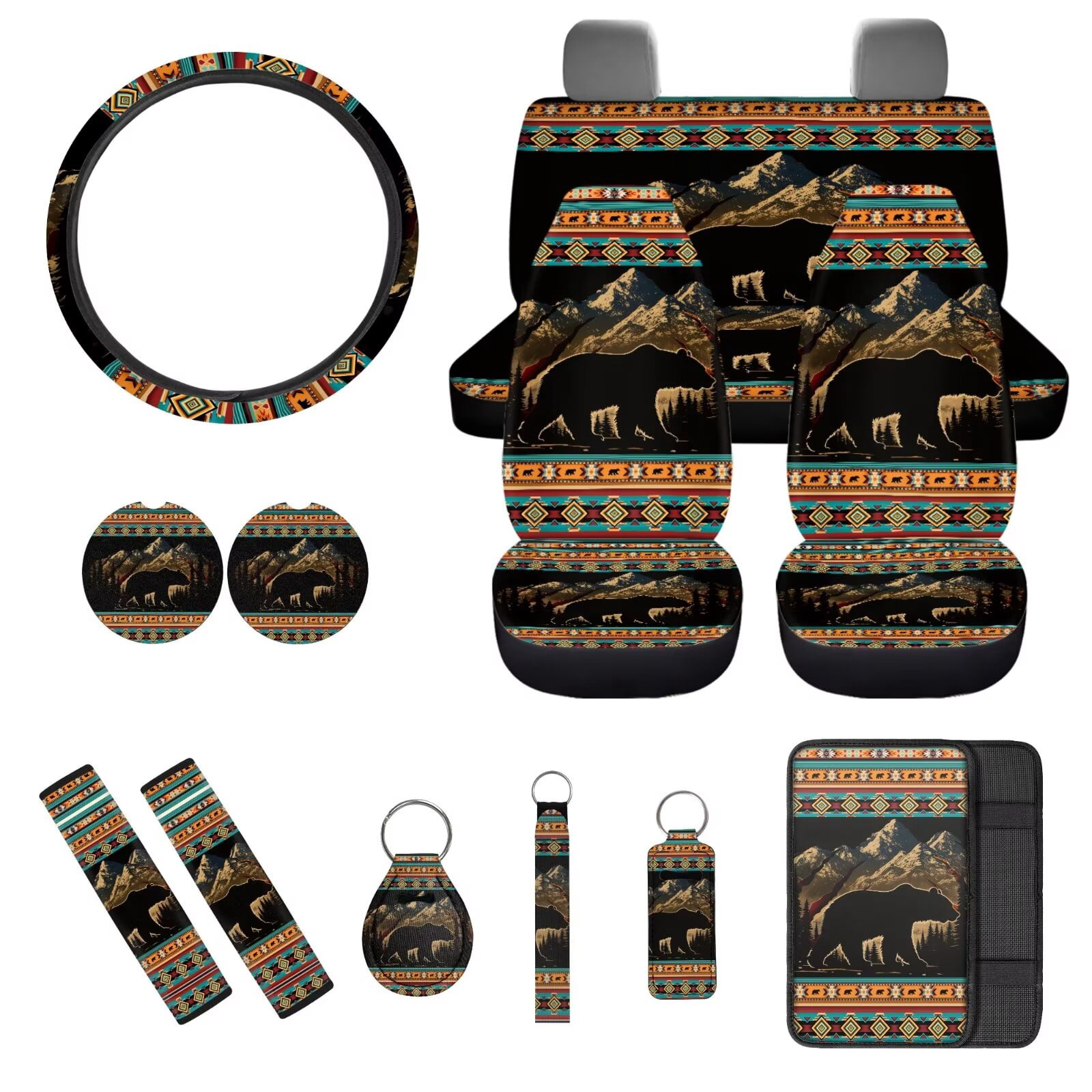 Jeiento 13 Pack Car Seat Cover Set for Front and Rear, Auto Interior Accessories Full Set for Women Men Southwest Aztec Bear Car Seat Protective Covers Fits for Cars, SUV, Truck, Sedan, Van