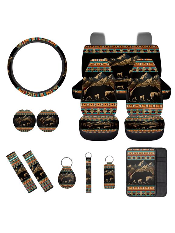 13 Pack Car Seat Cover Set for Front and Rear, Auto Interior Accessories Full Set for Women Men Southwest Aztec Bear Car Seat Protective Covers Fits for Cars, SUV, Truck, Sedan, Van