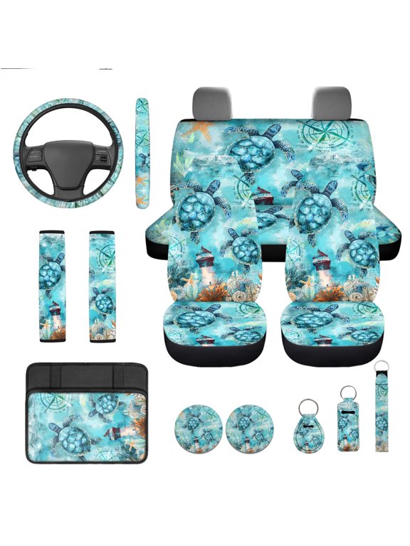13 Pack Sea Turtle Car Seat Cover Set for Front and Rear, Auto Interior Accessories Full Set for Women Men Car Seat Protective Universal Fits for Cars, SUV, Truck, Sedan, Van