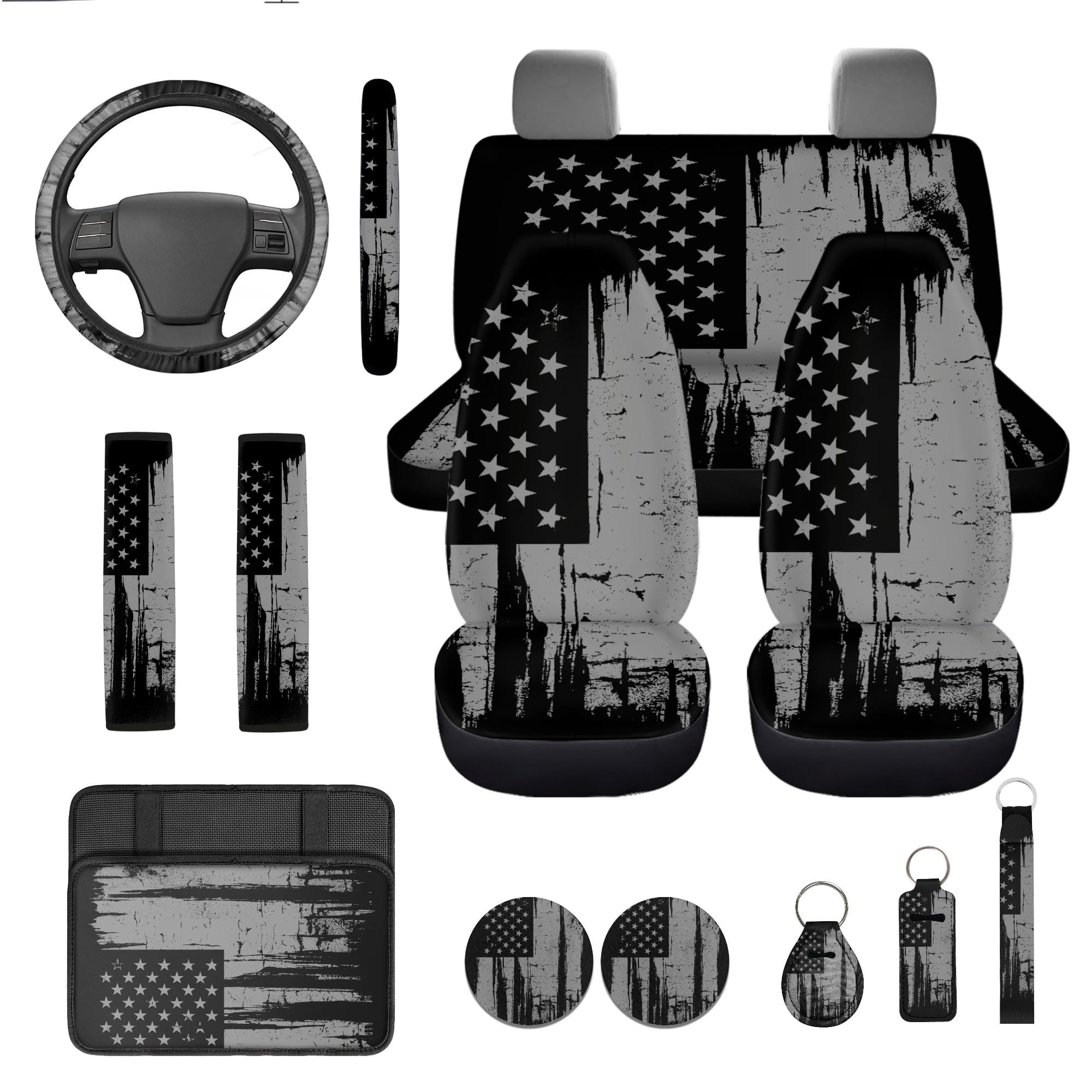 Jeiento 13 Pcs American Flag Car Accessories Full Set Car Seat Cover Steering Wheel Cup Holder Armrest Pad Keychain Lipstick Holder Interior Auto Decor Fit for Most Cars Truck SUV Van Sedan
