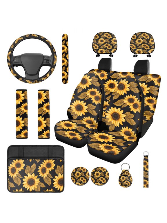 14 Pcs Sunflower Car Accessories Full Set Car Seat Cover Headrest Cover Steering Wheel Cup Holder Armrest Pad Keychain Interior Auto Decor Fit for Most Cars Truck SUV Van Sedan