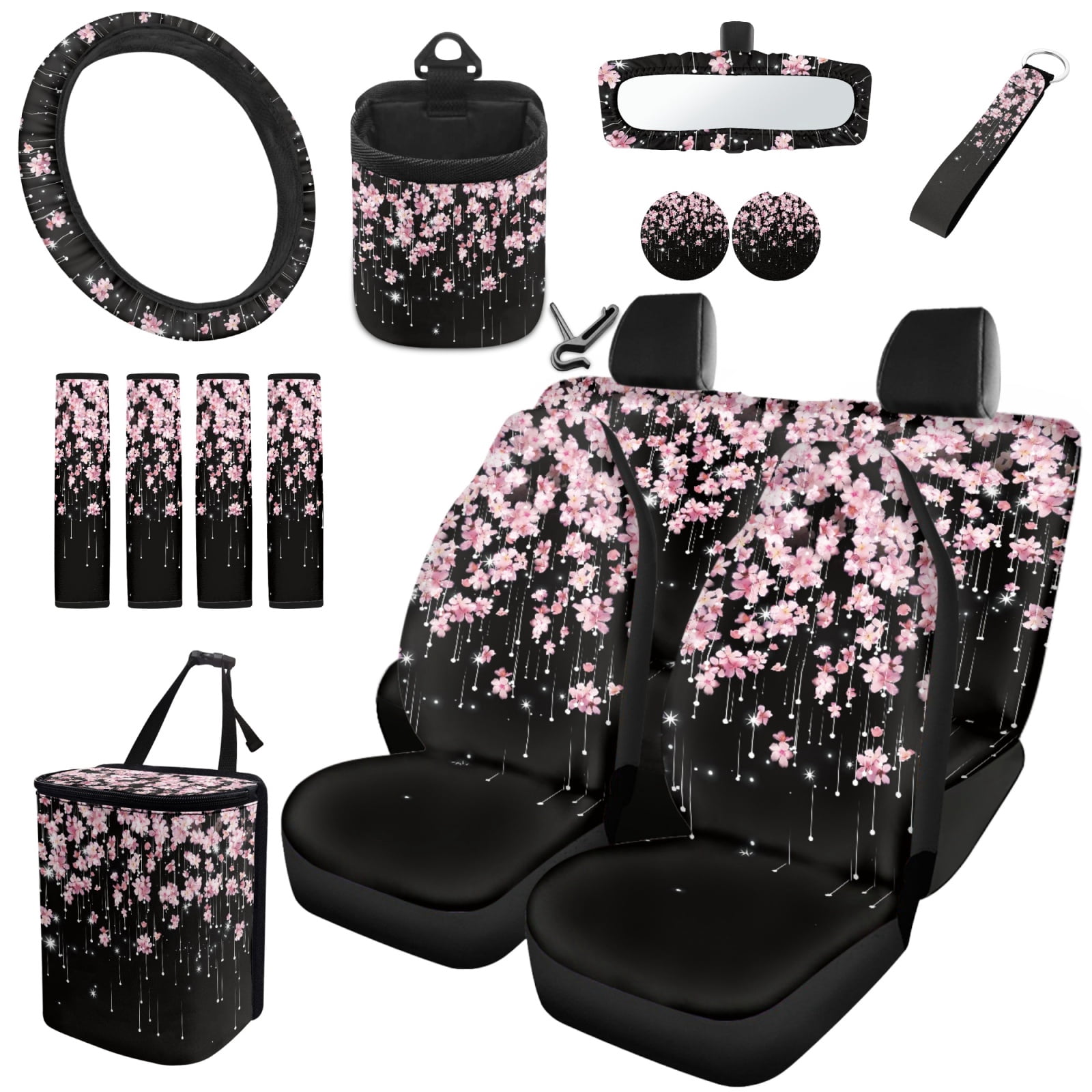 Jeiento 15 PCS Car Seat Cover Full Set for Women Includes Steering Wheel Cover Belt Shoulder Pads Trash Bin Air Vent Phone Holder Rearview Protection Cover Coasters Key Chain Pink Cherry Blossom