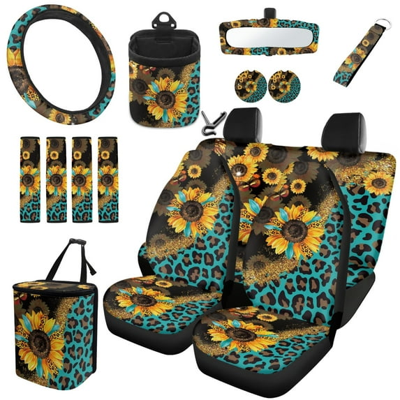 Jeiento 15 Pcs Sunflower Leopard Car Seat Covers Car Accessories Full Set for Women Seat Belt Covers Air Vent Phone Holder Rearview Mirror Cover Garbage Bag Cup Coasters