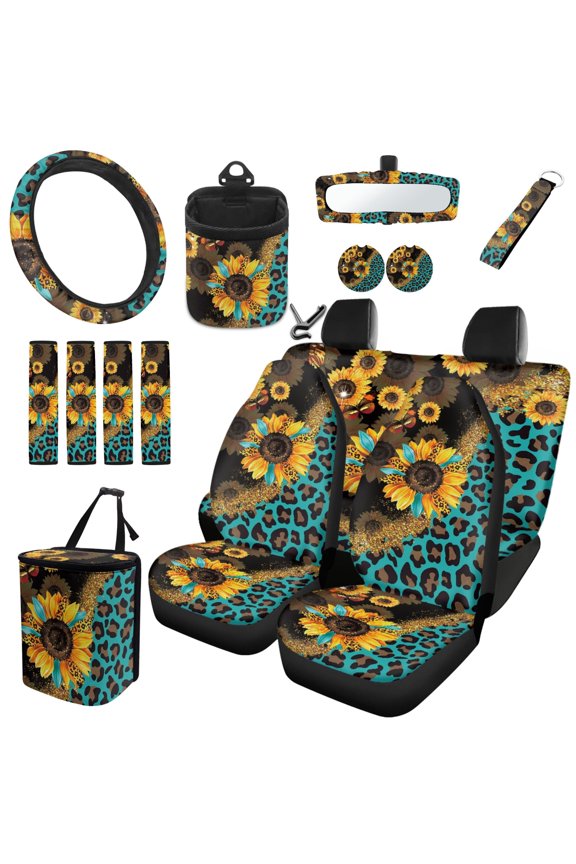 15 Pcs Sunflower Leopard Car Seat Covers Car Accessories Full Set for Women Seat Belt Covers Air Vent Phone Holder Rearview Mirror Cover Garbage Bag Cup Coasters