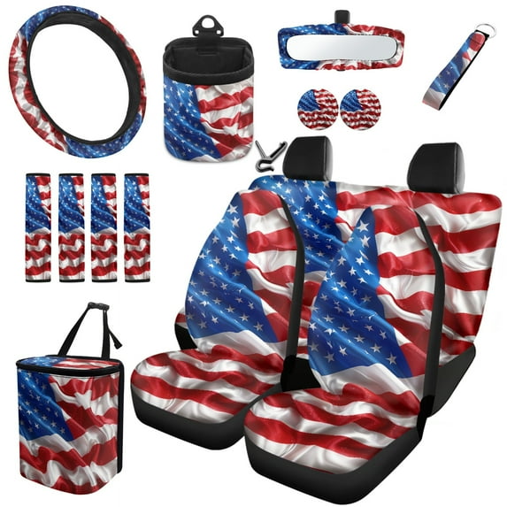 Jeiento 15 Pieces Car Seat Cover Set American Flag with Steering Wheel Cover Seatbelt Trash Can Cup Coasters Key Chain Air Vent Phone Holder Rear View Mirror Cover Auto Interior Accessories