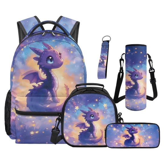 Jeiento 16" Girls Backpack And Lunch Box Set, 5 Piece School Backpack Set for Kids, Water-Resistant Space Purple Dragon Backpack Set with Pencil Case, Bottle Holder, Keychain for Back to School
