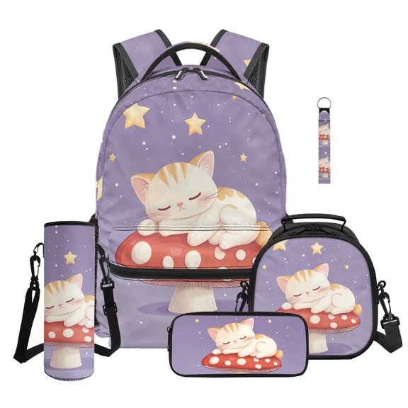 Jeiento 16 Inch 5-Piece Kids Backpack and Lunch Box Set for Elementary Boys and Girls, Mushroom Cat School Bag with Padded Adjustable Straps for Travel Hiking