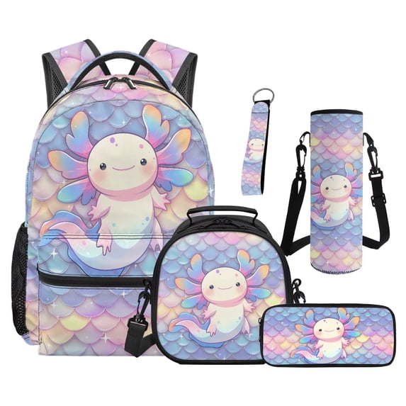 Jeiento 16 Inch Backpack And Lunch Box Set for Kids Boys Girls, 5 Piece Mermaid Scale Axolotl Elementary School Supplies with Pencil Case, Bottle Bag, Keychain, Padded Straps