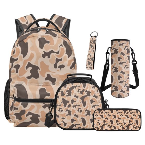 Jeiento 16 Inch Girls Backpack And Lunch Box Set, 5 Piece Desert Camo Water Resistant Polyester Backpack Set with Padded Adjustable Straps for Elementary Boys, Back to School