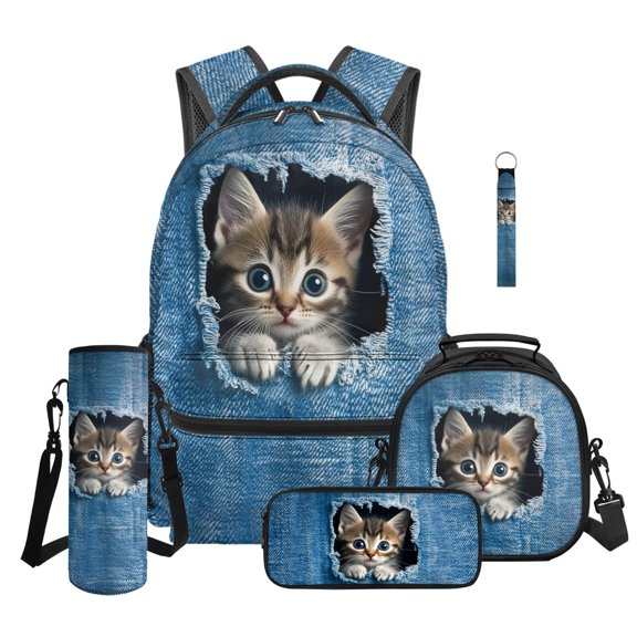Jeiento 16 Inch Girls Backpack And Lunch Box Set, 5-Piece Peeking Kitten Back to School Backpack Set For Girls Water Resistant Polyester Daypack with Padded Adjustable Straps