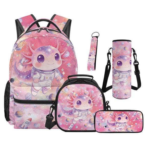 Jeiento 16 Inch Kids Backpack and Lunch Box Set, 5 Piece Space Axolotl School Backpack Set for Girls, Includes Lunch Bag Pencil Case Water Bottle Holder Keychain for Elementary Back to School