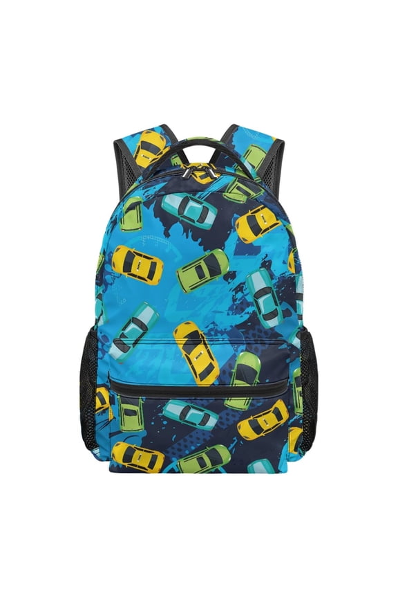 16 Inch Kids School Backpack for Boys Girls Teens, Cartoon Car Water-Resistant Polyester Bookbags with Multiple Organizer Pockets for Elementary Middle School