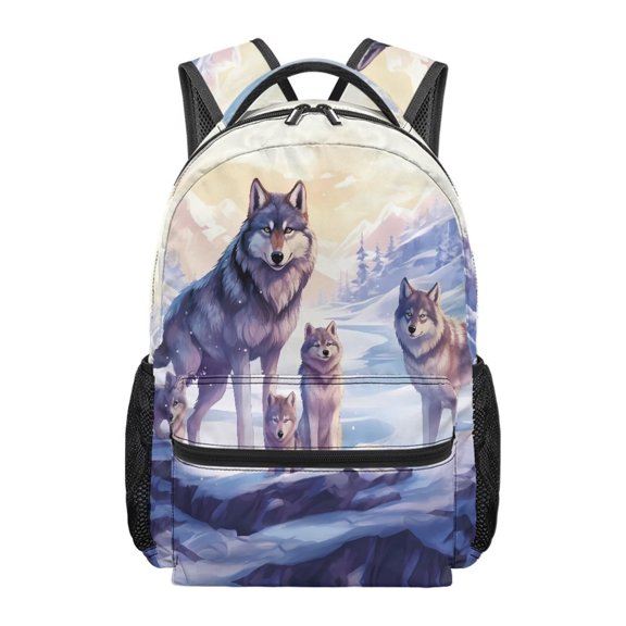 Jeiento 16 Inch Kids School Backpack for Elementary Boys Lightweight Water-Resistant Polyester Purse with Adjustable Straps, Snow Wolves Back to School Daypack