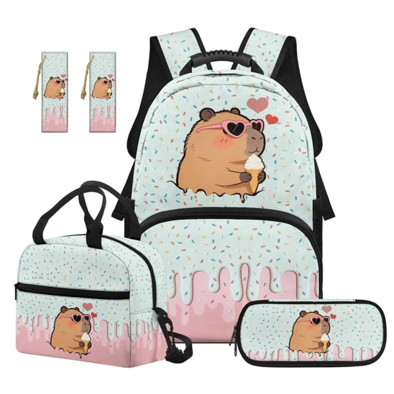 Jeiento 17 Inch 4 Piece Backpack And Lunch Box Set for Kids Capybara Ice Cream Backpack with Padded Straps, for Boys Girls Elementary Primary School Back to School