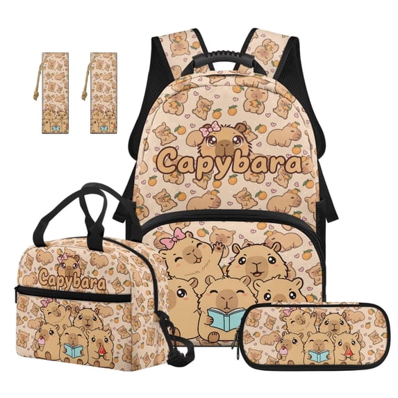 Jeiento 17 Inch 4-Piece Backpack And Lunch Box Set Lightweight Polyester Bookbag for Kids Boys Girls Capybara Family School Bag for Elementary School, Casual Travel