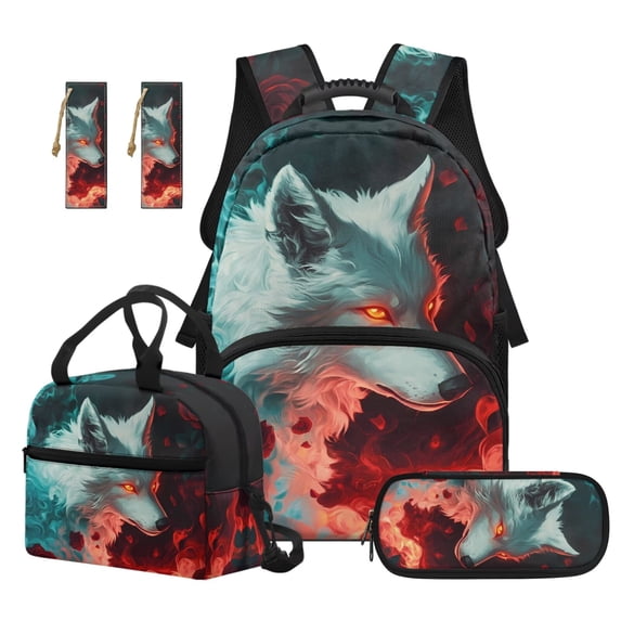 Jeiento 17 Inch Backpack And Lunch Box Set for Primary Elementary Kids Boys Fire Wolf Print Large Capacity 4-Piece School Bag Set (Backpack, Lunch Bag, Pencil Case, 2 Bookmarks)