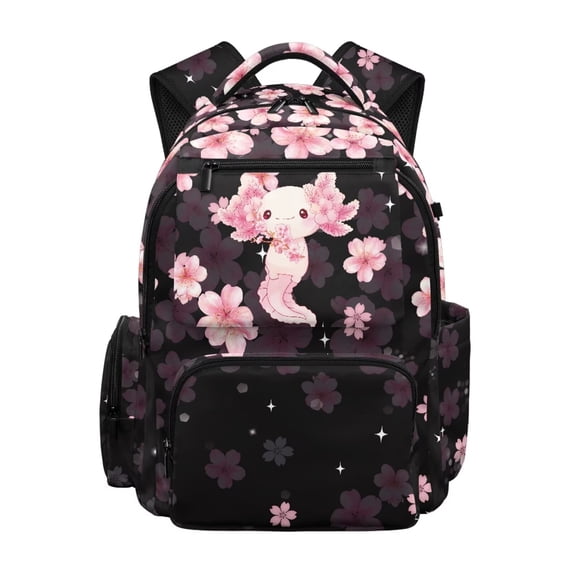 Jeiento 17 Inch Cherry Floral Axolotl School Backpack Large Capacity Lightweight Water-Resistant Bookbag for Girls Elementary School Students, Casual Daypack for Travel