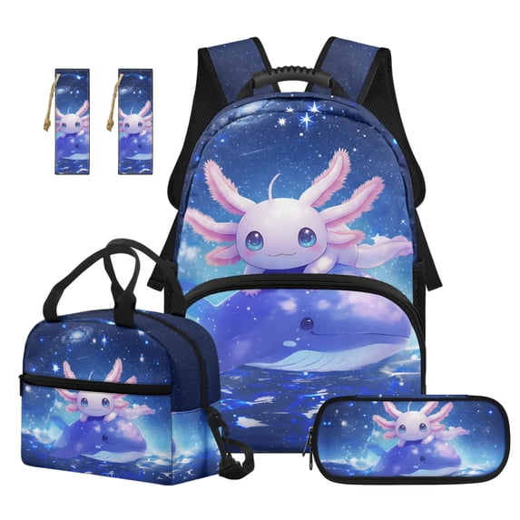 Jeiento 17 Inch Kids Backpack And Lunch Box Set for Elementary Boys Girls Ages 6-8, Galaxy Axolotl 4-Piece Backpack Set with Adjustable Padded Straps, Lunch Bag, Pencil Case, Bookmark