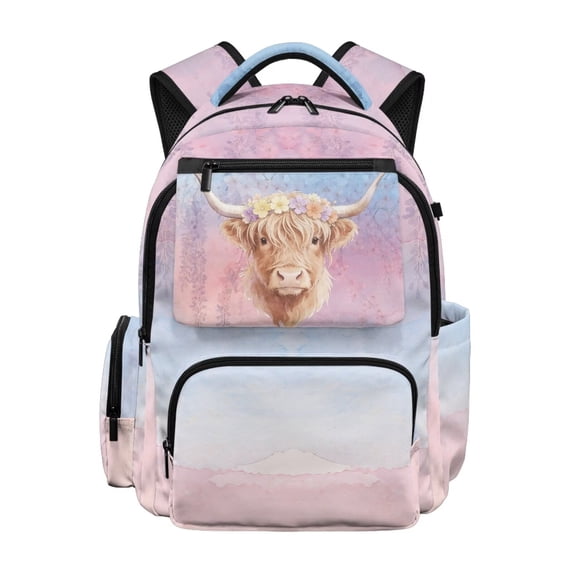 Jeiento 17 Inch Kids School Backpack for Girls Water-Resistant Lightweight Polyester Bookbag with Multi-Pocket Highland Cow Floral Backpack for Elementary School, Back to School Gift