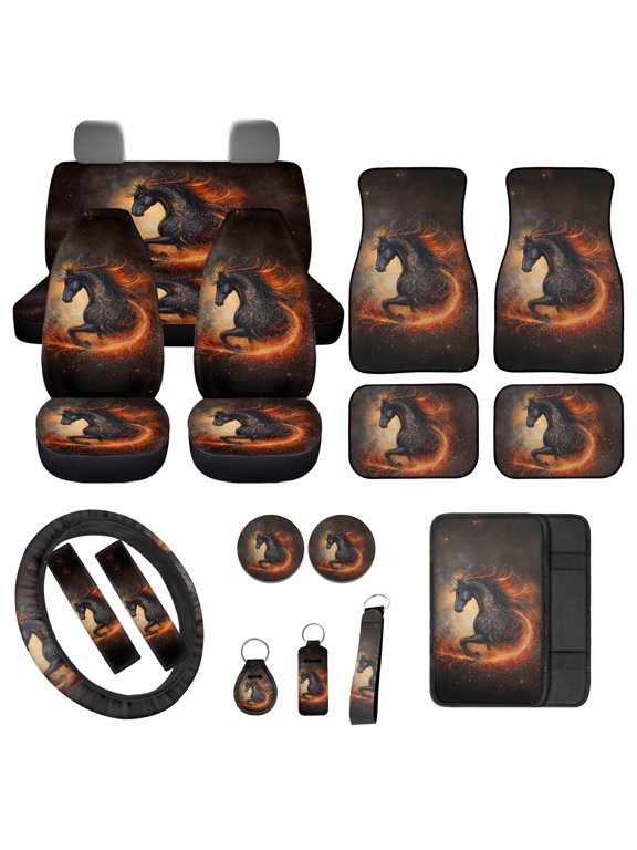 17 Pack Car Seat Cover Full Set for Women Men Car Floor Pads Steering Wheel Cover Armrest Pads Seat Belt Cover Cup Coaster Keychains Lipstick Holder Auto Accessory, Fire Horse Design