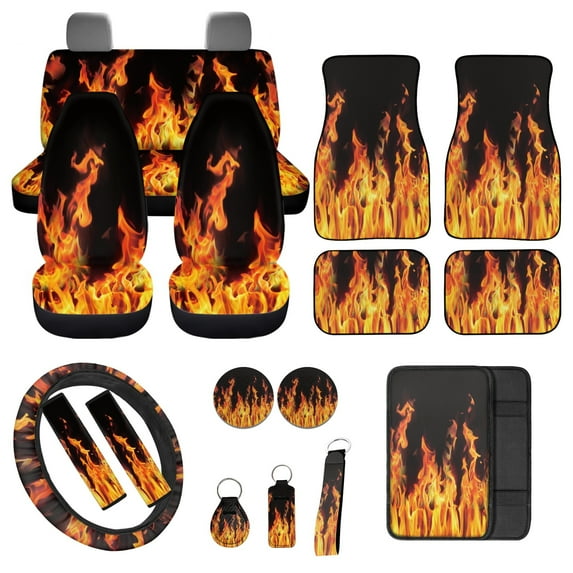 Jeiento 17 Pcs Car Interior Sets, Car Seat Covers Full Set with Floor Mats Carpets Arm Rest Cover Seat Belt Cover Coaster, Universal Fits for Most Cars Truck SUV Sedan, Cool Flame Print